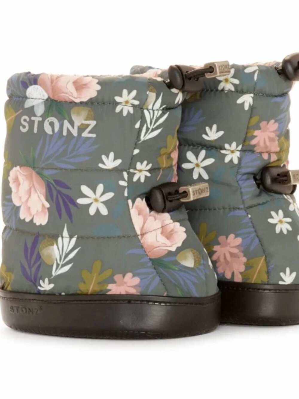 Stonz Toddler Floral Puffer Booties in Dark Green and Pink